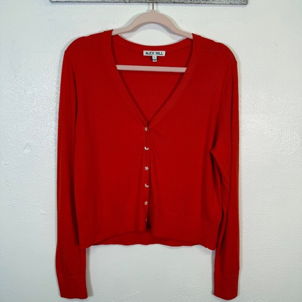 Alex Mill Womens Orange Cardigan Sweater Large V-Neck Star & Moon Buttons Preppy